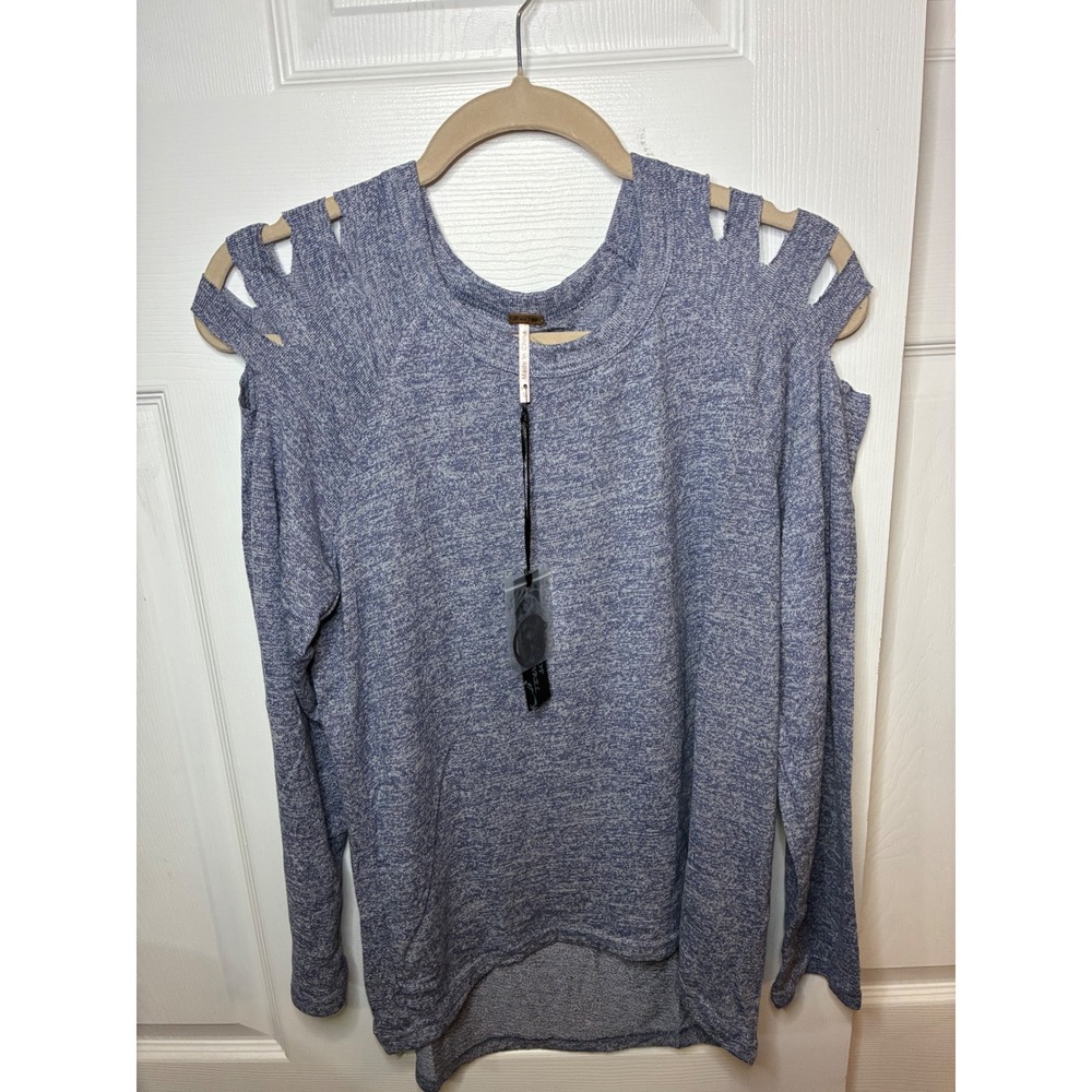 Poof Apparel Womens Blue Heathered Cold Shoulder Caged Long Sleeve Top Small NEW